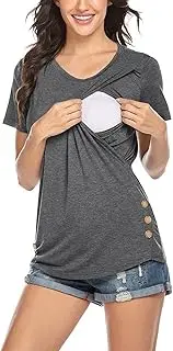 [Generic] Horizontal Striped Shirt Women Womens Maternity Summer Short Sleeve Side Button Crew Neck Solid Color Tops T Shirt for Breastfeeding America Maternity Shirt
