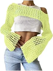 [Generic] Women's Hollow Out Sweater Crop Flounce Off Knit Top See Through Crochet Trumpet Long Sleeve Top Summer Casual Beach
