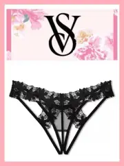 NEW Victoria’s Secret Ziggy Glam Floral Embroidery Black Crotchless Thong M