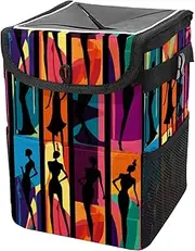 Car Trash Can with Lid and Storage Pockets Leak-Proof Organizer,Multipurpose Trash Bin for Car,African Woman Colored Geometric