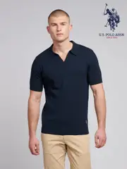 U.S. Polo Assn. Blue Mens Texture Open Collar Knit 100% Cotton Polo Shirt (F61759) | $150