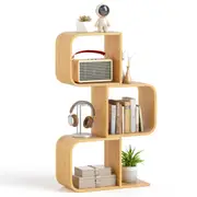 Costway 3-Tier S-Shaped Bookcase Bamboo Bookshelf w/3 Open Cubes Corner Display Shelf Storage Organizer