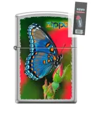 Zippo 1735 Blue Butterfly Design Satin Chrome Finish Lighter + FLINT PACK