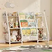 Kids Bookshelf Large Storage Bookcase: 3-Tier Book Sling Shelf Toy Organizer for Toddler - Display Rack with 3 Pockets for Kids Rooms, Bedroom, Playroom, Nursery (White, Wood + Metal)