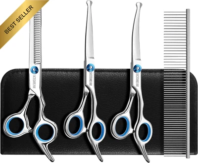 5 in 1 Dog Grooming Scissors Set, Curved Pet Shears with Safety Round Tips