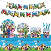 Mario Birthday Party Supplies,82pcs Mario Party Decorations&Tableware, Super Mario Bros Balloons Banner&Mario Party Plates and Napkins Tablecloth etc Super Mario Party Supplies for Boys