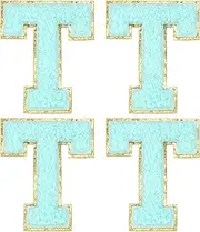 sourcing map Chenille Letter Patches 2.2" Self Adhesive Alphabet T Stick on Embroidered Patch Sew on Letter Stickers Applique for Repairing Clothing Jeans Shoes Hats DIY(Blue, Pack of 4)