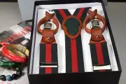 SUSPENDERS MEN RED DARK GREEN ELASTIC GENUINE LEATHER WEDDING CLIP & BUTTON T 26