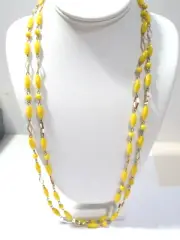 Yellow Ribbed Shape Plastic Beaded Necklace on Wires Vintage