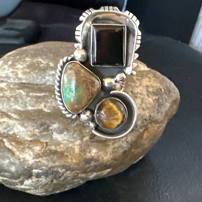 Blue Turquoise, Onyx & Tiger's Eye Navajo Sterling Silver Ring Size 10 14842
