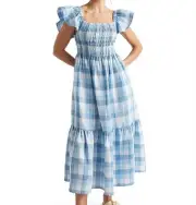 BNWT Seed Heritage Linen Check Midi Dress Womens Size 6 Blue Summer