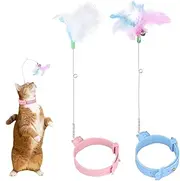 2pcs Silicone Feather Cat Teasing Wands with Adjustable Collar, Bell Cat Interactive Teaser Toys for Indoor Play & Training