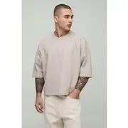 Mens Oatmeal Oversized Boxy Cropped Waffle Button Neck T-Shirt