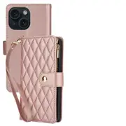 For Iphone 15 Rhombic Zipper Card Wallet Leather Phone Case With Lanyard