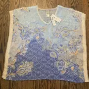 Chicos Linen Floral Lace Poncho Top Blue Coverup Coastal Beach Size S/M NWT