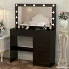 Dressing Table with LED Lights Mirror Vanity Table Makeup Desk 5 Drawers,Black