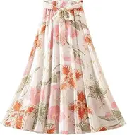 [24station] Women Elastic Waist Floral Print Skirt Chiffon Long Skirt Flowy Beach Skirt #28