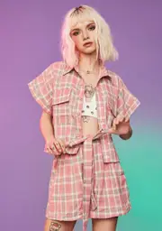 Cotton Candy Plaid Tie Waist Shorts Set