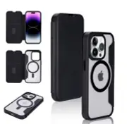 For iPhone 15 PLUS Case Vegan Leather Magnetic Charging Flip + 2 Tempered Glass