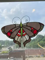 Stained Glass Moth Butterfly Suncatcher Usa Handcrafted Window Art Pink Red