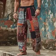 Men's Color Block Patchwork Ethic / African Trousers Baggy Pants Casual Pants Mid Waist Vintage Retro Outdoor Vacation Elastic Drawstring Waist Linen-Like Pant