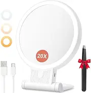 Auxmir 1X/20X Magnifying Mirror with Light, Double Sided Makeup Mirror with Adjustable Folding Handle, 2000mAh Rechargeable Vanity Mirror with Tweezer, Portable Tabletop Mirror for Travel Home