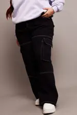 Black Cargo Jeans High Rise Wide Leg Contrast Details