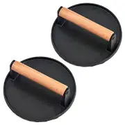 2PC Smash Burger Press 7 Inch Cast Iron Grill Press with Wood Handle Round Ba...