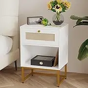 Rattan Nightstand，Modern Farmhouse Bedside Table with Storage Drawer and Shelf (White02)