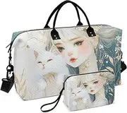 [ZRYSMY] Woman Cat Abstract Leaf Duffel Bag for Traveling, Travel Bag Gym Bag, with Multiple Interior Pockets Shoulder Weekender Bag for Women Men with Toiletry Bag 20.5L x 1.9W x 13.8H, Multi-Colored