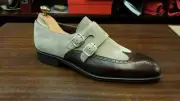 Handmade Monk Gray Brown Double Buckle Straps Genuine Leather Men Shoes