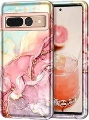 [Btscase] Case, Marble Pattern 3 in 1 Heavy Duty Shockproof Full Body Rugged Hard PC+Soft Silicone Drop Protective Women Girl Covers for Google Pixel 7 Pro (2022), Rose Gold