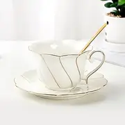 [DUJUST] 3 pcs Porcelain Tea Cup and Saucer Set with Tea Spoon, Luxury British Style Tea/Coffee Cup Set with Golden Trim, Beautiful Tea Set for Living Room Decoration & Tea Party