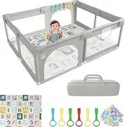 Baby Playpen with Mat 200×160cm, Baby Play Pen Extra-Large Playpens Play Mat with 50 Balls Pit, 6X Handlers, Baby Play Pen Mats, Basket Net for Toddler Babies with Breathable Mesh