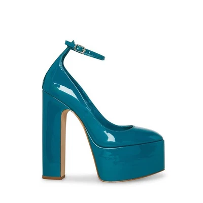 STEVE MADDEN - SKYRISE, Teal faux patent 6.5" block heel platform pumps, SZ 7