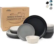 Grow Forward 24-piece Premium Wheat Straw Dinnerware Sets for 8 - Unbreakable Dishwasher & Microwave Safe Plastic Plates and Bowls Sets - Patio, Outdoors, RV, Camping Dishes - Moonlight