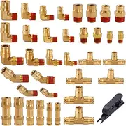 37Pcs Brass DOT Air Brake Line Fittings Assortment Kit 1/4" 3/8" 1/2" Push to Connect Fittings Air System Repair Kit for Truck, Air Brake Union 45 Degree & 90 Degree Male Elbow