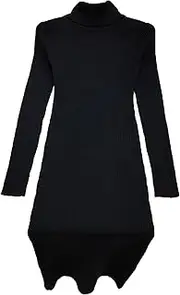 [Aosufei] Women's Knitted Ribbed Slim Fitted Dress Turtleneck Neck Bodycon Dress Long Sleeve Split Maxi Dresses