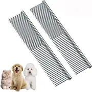 [2 Pack] HEYUS Pet Grooming Comb, Stainless Steel Pet Grooming Massaging Kit Dog Comb Steel Comb Pin Comb Dog Shedding Combs with Different Spaced Teeth Silver