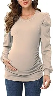 [FUNJULY] Maternity Shirts Women's Casual Floral Print Tops Pregnancy Puff Short Sleeve Striped Ruched Side Tunic Top, Khaki1long, Small