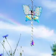 14" Metal Butterfly Suncatchers for Windows Outdoor Fence Wall Art Decor, Rainbow Prisms Sun Catchers for Home Garden Decor (Color : Blue)