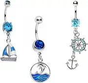 [Blue Palm Jewelry] Nautical Theme Belly Button Rings with Anchor, Ship Wheel, and Wave Charms, 14G Steel, Set of 3 B634, 14 Gauge, Stainless Steel Cubic Zirconia, cubic zirconia