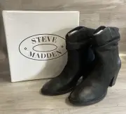 Steve Madden Olya Nubuck Black Ruched Leather Ankle Boots Size UK 8 New