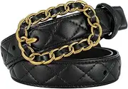 [Karoukee] Women Fashion Quilted Belt for Dresses Jeans Pants Designer Genuine Leather Ladies Belts with Braided Chain Buckle