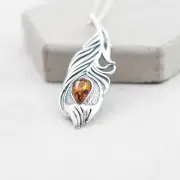 Exquisite Baltic Amber Peacock Feather Pendant Sterling Silver Amber Feather