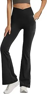 [Jinhiteam] Leggings with Pockets for Girls Solid black Stretch High Waist Tummy Control workout Dance Bootcut Yoga Pants