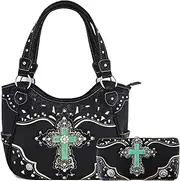 [WESTERN ORIGIN] Western Rhinestone Cross Tooled Leather Totes Concealed Carry Purse Handbag Women Shoulder Bag Wallet Set
