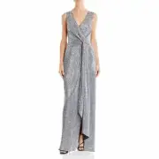 NWT Aidan Mattox Formal Twist Front Gown Silver Sequins 8 $295