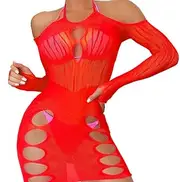 [Dobovova] Sexy Woman Transparent Mesh Lace Up Bodysuit Hollow Out Backless Fishnet Short Skirt