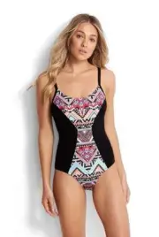Seafolly Women's DD Cup One Piece Swimsuit with Contrast Panels, Sahara Sz 14